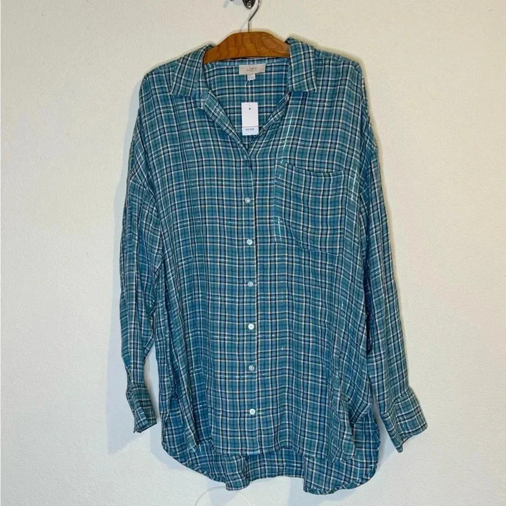 Loft  Plaid Metallic Thread Top NWT